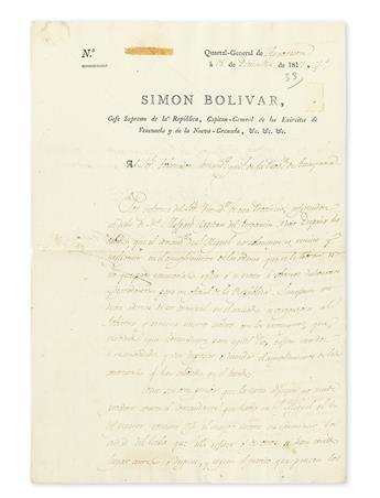 BOLÍVAR, SIMÓN. Letter Signed, Bolivar, as President of Venezuela, to the Governor and Commander General of Guyana, in Spanish,
